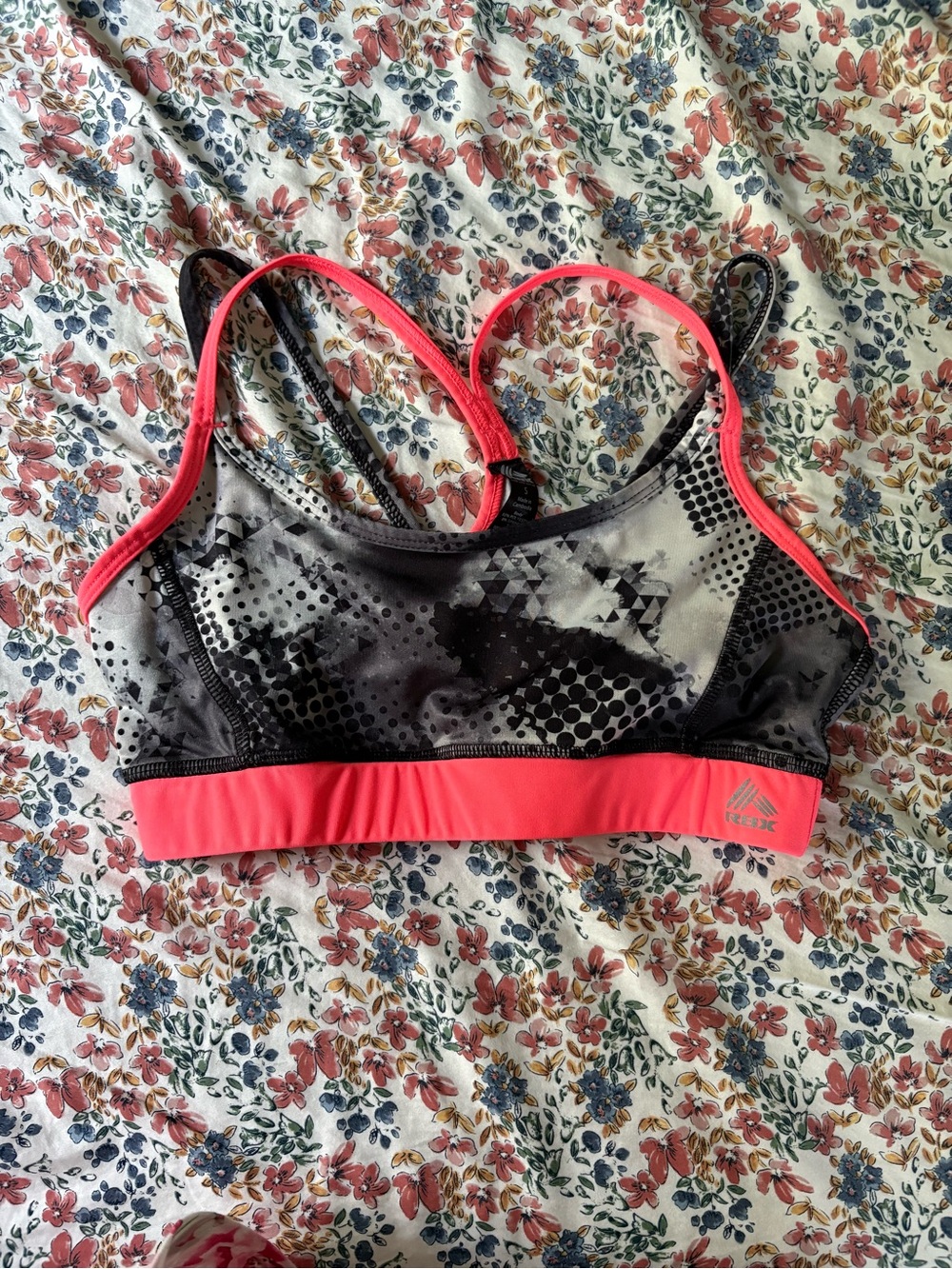 Reebok Black Patterned Sports Bra with Coral Trim